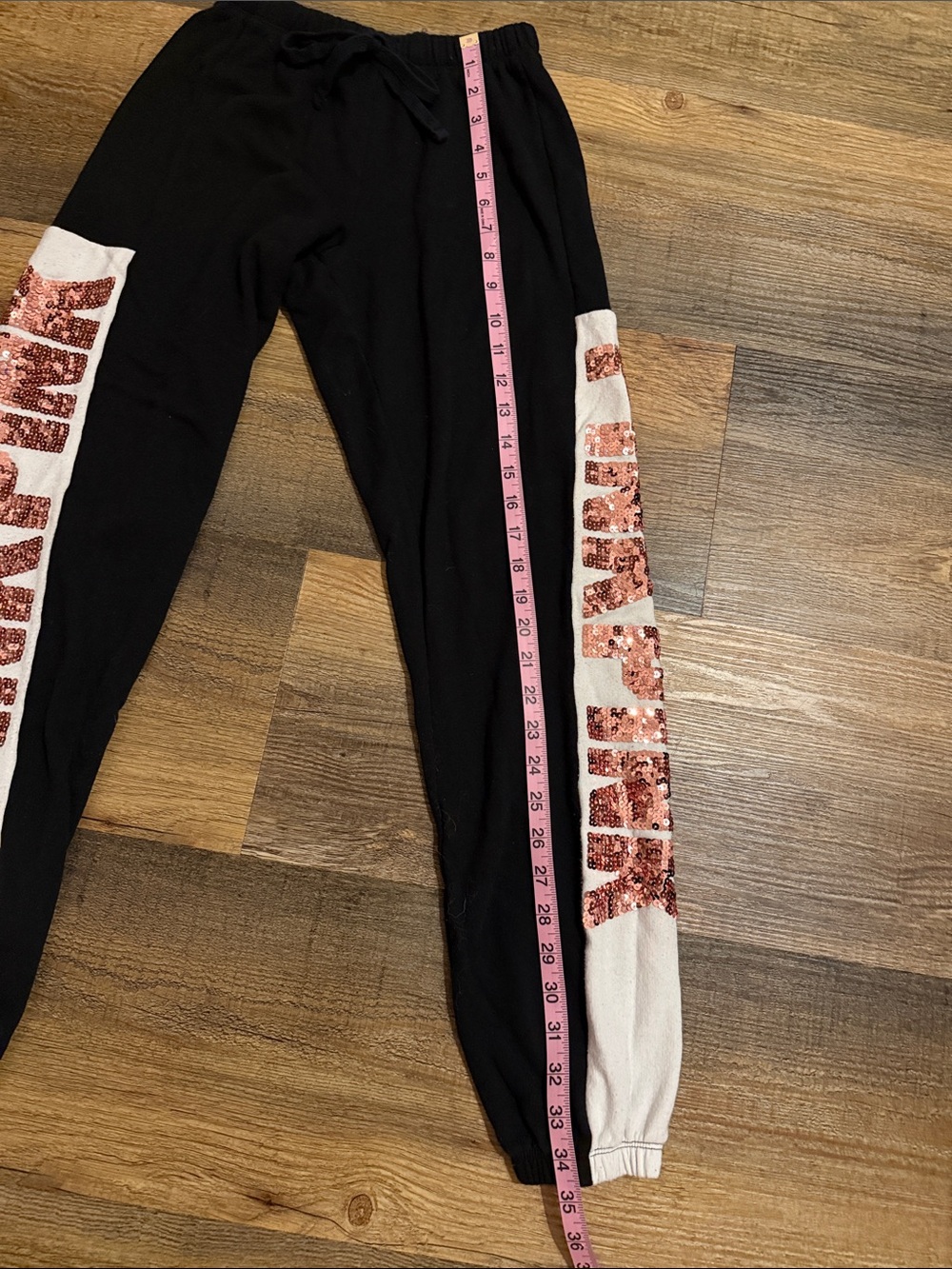 PINK Victoria's Secret Black Joggers with Rose Gold Sequin Lettering - Picture 4 of 5